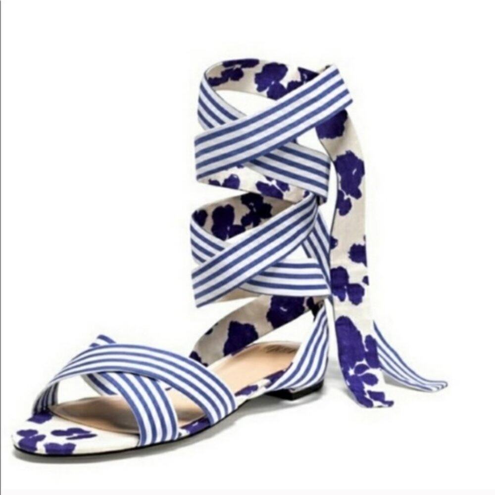 CAbi Lace Up Sandals Blue White Stripe Floral Ankle Wrap Size 10